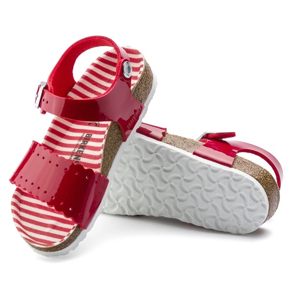 BIRKENSTOCK Risa Girls Nautical Stripes Red Patent BirkoFlor Size 2 Outdoor Run - Picture 1 of 10